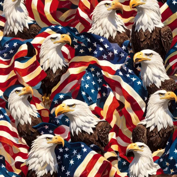 An illustration features multiple bald eagles surrounded by flowing American flags. The eagles are depicted in various poses, with sharp features and intense expressions, amidst the red, white, and blue colors of the flags.