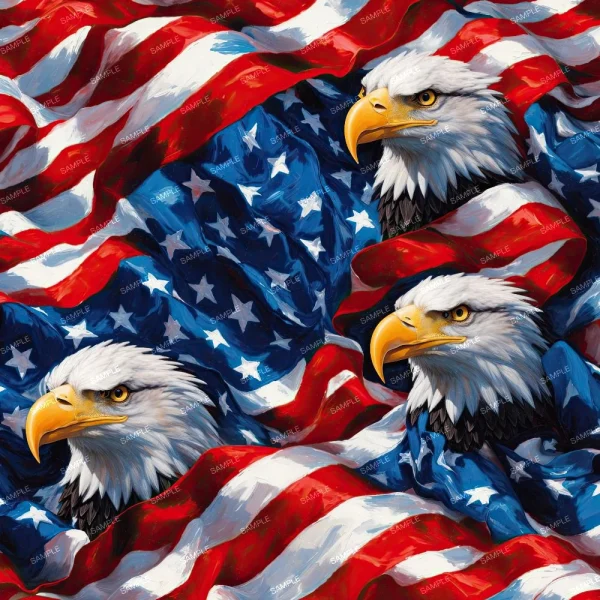 An image depicting multiple bald eagles with stern expressions, surrounded by and partially covered by waving American flags with red, white, and blue stripes and stars.