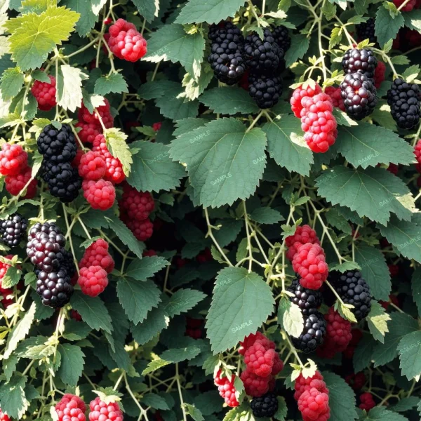 Bush filled with ripe and unripe blackberries. The image shows clusters of red and black berries among green leaves, indicating different stages of ripeness. Some berries are fully black, while others are still red.