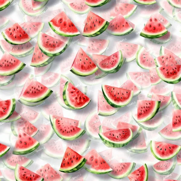 The image shows a pattern of multiple watermelon slices arranged randomly. Each slice has a pinkish-red interior with small black seeds and a green rind. The background is white, producing a contrast that makes the watermelon slices stand out.
