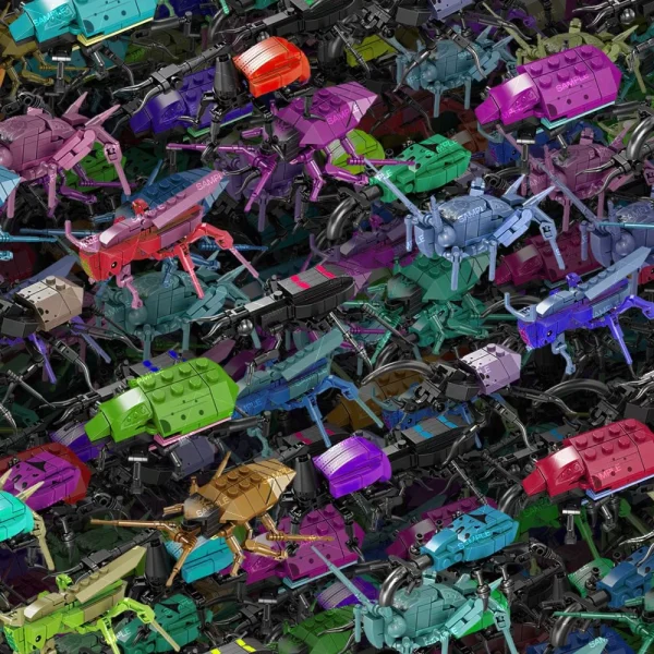 A densely packed image of numerous colorful, robotic insect-like creatures. They vary in colors from red, blue, purple, green, yellow, and more, with each having a segmented body, multiple legs, and various mechanical parts like gears and wires.