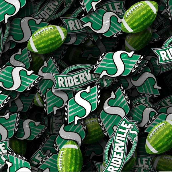 A collage featuring green and white logos with the word "RIDERVILLE" and the letter "S" alongside images of green watermelons and green and white footballs. The background is a mix of these elements, creating a dense, layered effect.