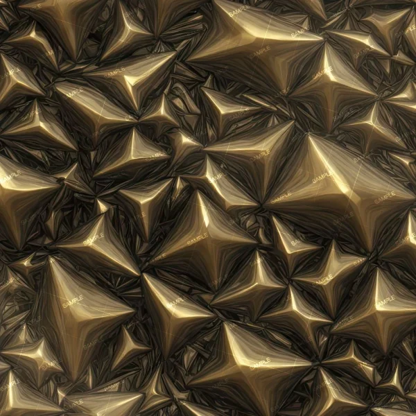 A repeating pattern of abstract, three-dimensional shapes resembling golden metallic spikes. The spikes are dense, giving a textured and dynamic appearance with varying light reflections and shadowing throughout the image.