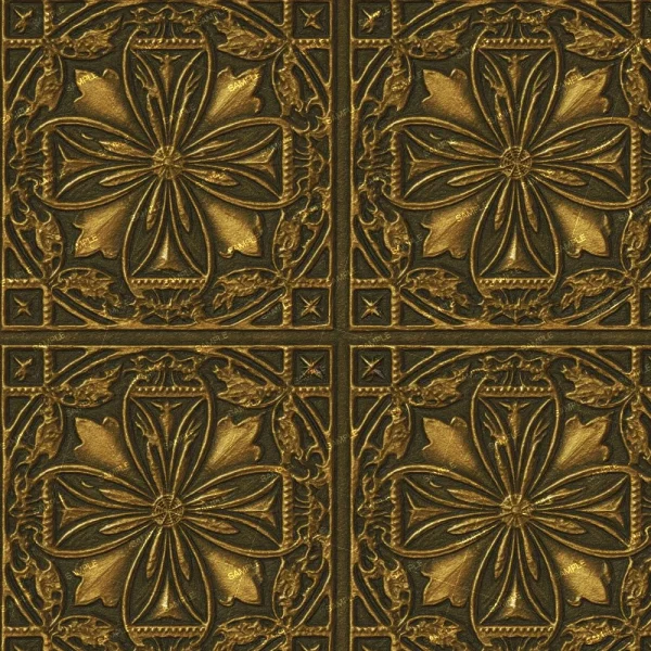 An image showing a decorative, gold-colored textured pattern. The design features floral motifs within square tiles, framed by intricate, swirling details. The pattern has a vintage, ornate appearance and is repeated across the surface.