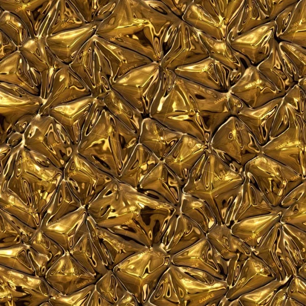An abstract background featuring a pattern of golden, irregularly-shaped, highly reflective surfaces. The texture resembles crumpled metallic foil, with various shades of gold creating depth and dimension.