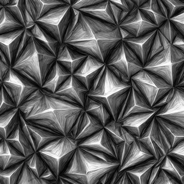 A black and white geometric pattern composed of repeated, interlocking three-dimensional triangular shapes. The design creates a dynamic, textured appearance with varying shades of gray and white for depth and contrast.