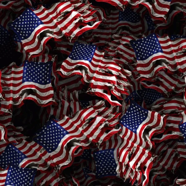 A chaotic array of numerous, closely packed U.S. flags, all appearing tattered and rippling as if in the wind, fills the entire image. The flags have the classic red, white, and blue colors with stars arranged in a blue rectangle.