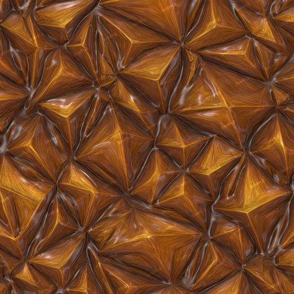 A close-up view of a textured surface with a pattern resembling geometric, three-dimensional, star-shaped folds. The surface has a metallic, copper-like appearance with reflective highlights and a grooved texture.