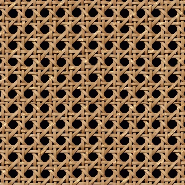 A close-up view of a woven rattan pattern. The natural material is interlaced to form a repetitive, geometric design with diamond and star shapes, creating a textured grid that allows for see-through gaps. The background is black.