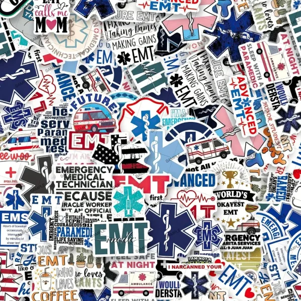 A visually busy collage composed of various stickers and logos related to emergency medical technicians (EMTs). The collage features EMT insignias, slogans, and images of ambulances, among other related graphics.