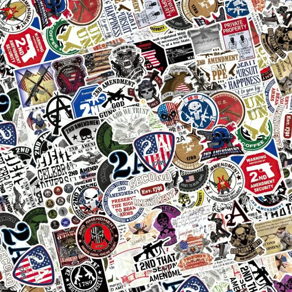 A collage of various Second Amendment-themed stickers includes designs with slogans like "Come and Take It," "Gun Control is Hitting Your Target," and "2nd Amendment Security." The stickers feature different fonts, graphics, and colors.