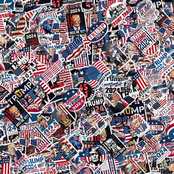 A collage of various stickers and posters featuring "Trump 2024" slogans, American flags, and imagery related to former U.S. President Donald Trump. The designs are colorful and densely packed, promoting a campaign theme.