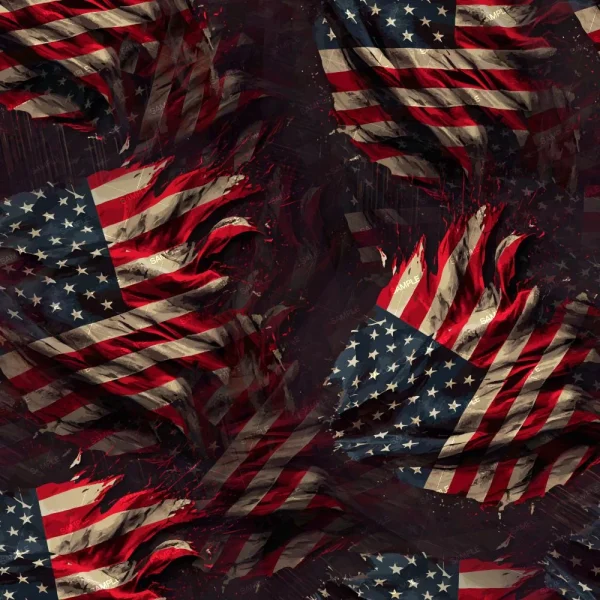 A digital artwork depicts multiple overlapping American flags in various states of disintegration and burning. The flags are shown with vibrant colors and tattered edges against a dark, chaotic background.