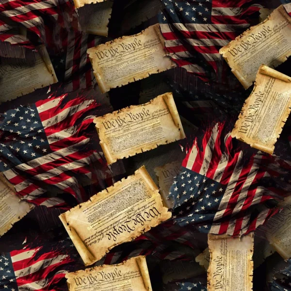 A mosaic of tattered American flags intertwined with aged, worn-out copies of the United States Constitution's preamble. The documents and flags appear layered and overlapping, creating a visually complex pattern.