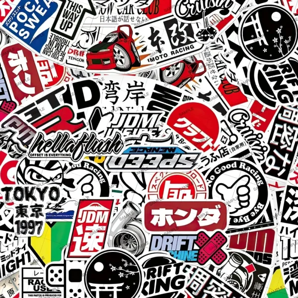A collage of various racing-themed decals and stickers, featuring automotive logos, icons, and slogans in multiple languages, predominantly Japanese and English. The designs include racing cars, thumbs up, and phrases like "Tokyo Drift" and "JDM".
