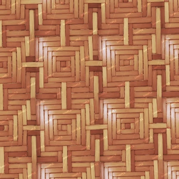 A seamless texture of a woven wicker pattern consisting of alternating horizontal and vertical strips in shades of brown. The pattern is repetitive and symmetrical with visible samples’ watermarks across the image.