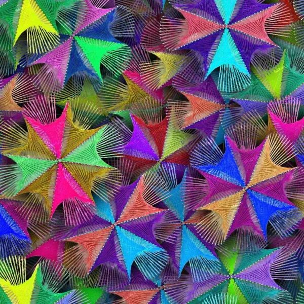 A vibrant, abstract image consisting of multiple overlapping star shapes in various bright colors including red, blue, green, and purple. The stars are interconnected with fine lines, creating a kaleidoscopic pattern over a dark background.