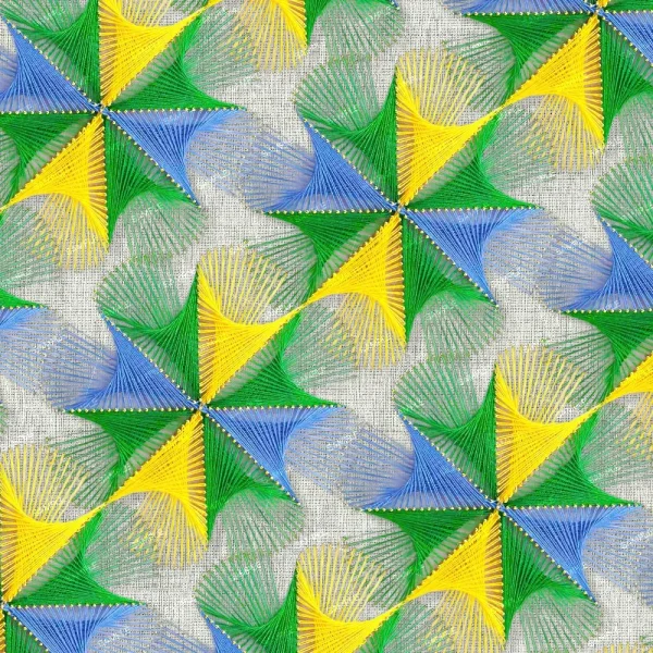 A geometric pattern featuring overlapping pinwheel shapes in blue, green, and yellow on a light textured background. The design creates an optical illusion with intricate lines forming a repetitive and symmetrical arrangement.