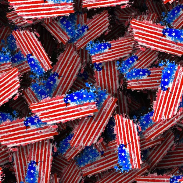 A dense pile of fragmented American flags fills the entire frame. Each flag piece is depicted with red and white stripes and blue fields with white stars, creating a chaotic and overlapping pattern.