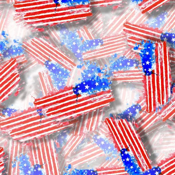 A chaotic pattern of multiple American flags in red, white, and blue is scattered across the image. Some flags are upright, while others are tilted or partially obscured. The background has a light, cloudy texture.