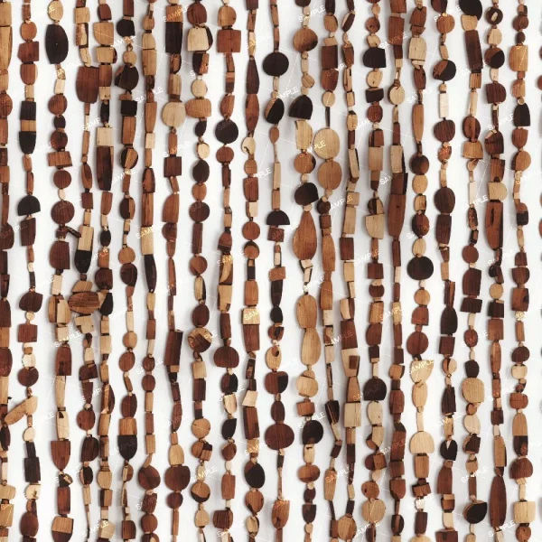 A close-up image of numerous strands of wooden beads hanging vertically. The beads vary in shape, including round, oval, and cylindrical forms, and have a mix of dark and light brown shades. The arrangement creates a textured pattern against a light background.