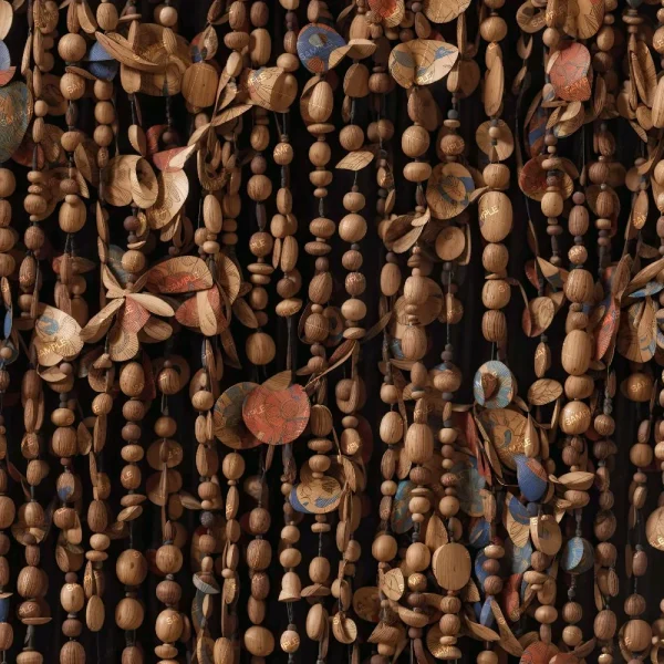 A dense arrangement of wooden beads and circular discs of varying sizes hangs vertically. Some of the discs are decorated with painted designs, adding color to the predominantly brown and earthy tones of the beads.