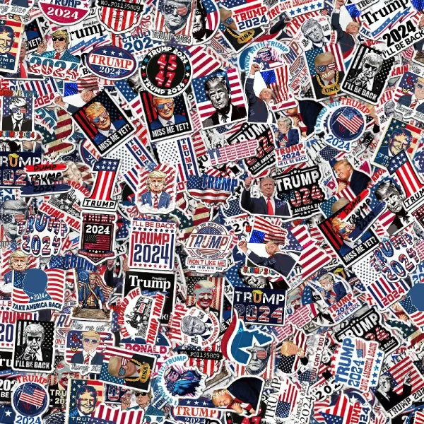 A collage of numerous Trump 2024 campaign stickers. The stickers feature various slogans, images of Donald Trump, and patriotic motifs such as American flags and bald eagles. Some slogans include "I'll Be Back," "Miss Me Yet?" and "Keep America Great.