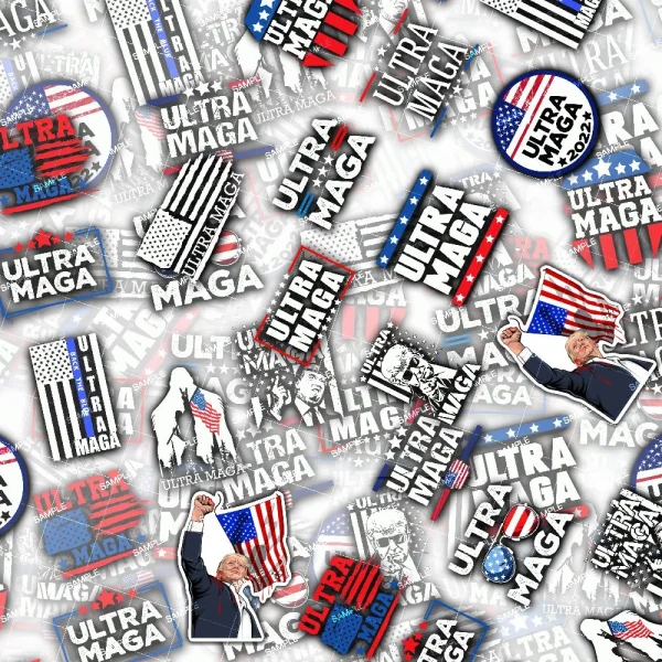 A collage of various stickers featuring phrases like "Ultra MAGA," images of the American flag, and depictions of a man with blonde hair raising his fist, wearing a suit. Some stickers display the year 2024 and symbols related to the USA.