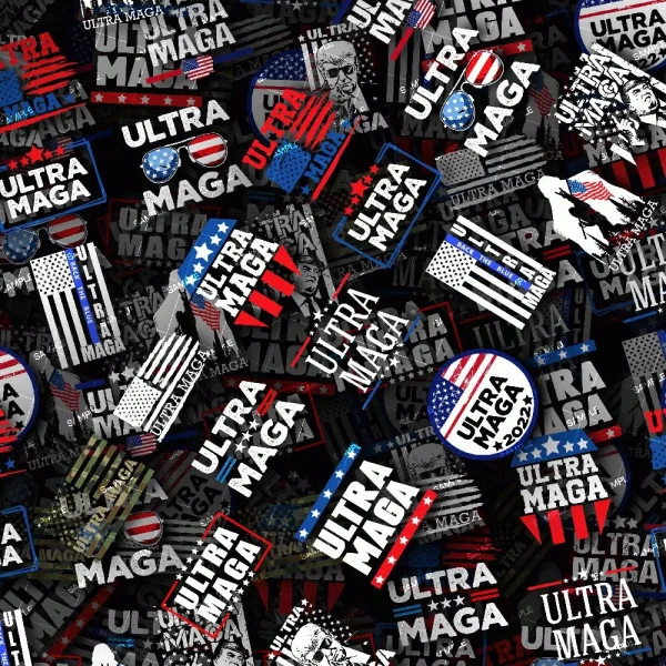 A collage of various "Ultra MAGA" slogans and images primarily featuring American flag motifs, patriotic symbols, and texts in red, white, and blue colors. Some designs include stars, stripes, and stylized fonts, all promoting "Ultra MAGA".