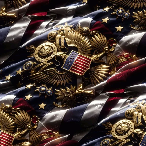 A close-up image showing a pattern featuring the U.S. national emblem consisting of a bald eagle, shield, olive branches, and arrows over a background of the American flag. The elements are intricately detailed in gold tone. The word "SAMPLE" is visible.