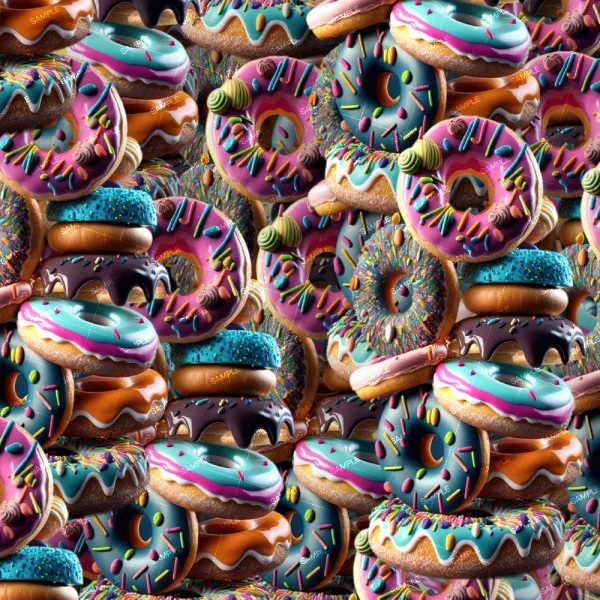 The image features a densely packed assortment of colorful doughnuts with various toppings and glazes. Some have sprinkles, while others have frosting in hues of pink, blue, and orange. The arrangement creates a vibrant and visually busy scene.