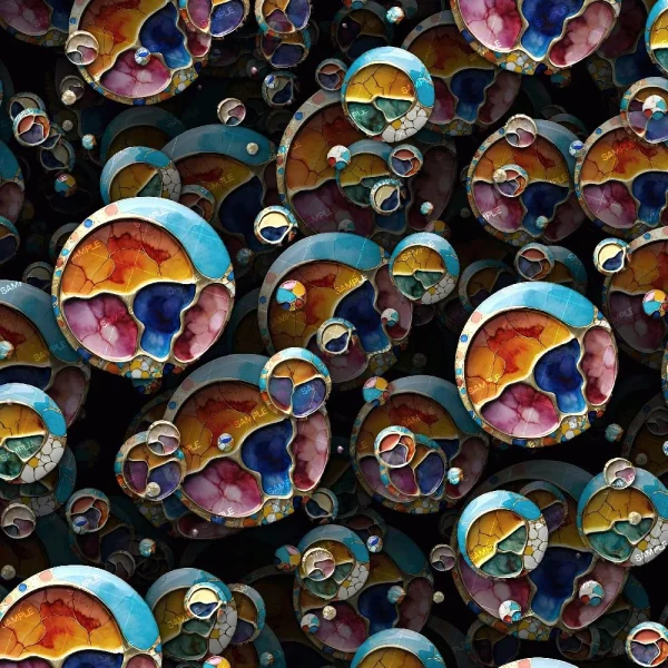A digital artwork features a series of colorful, circular patterns overlapping each other on a dark background. The circles contain a mix of blue, red, yellow, and beige sections, creating an intricate, abstract design.