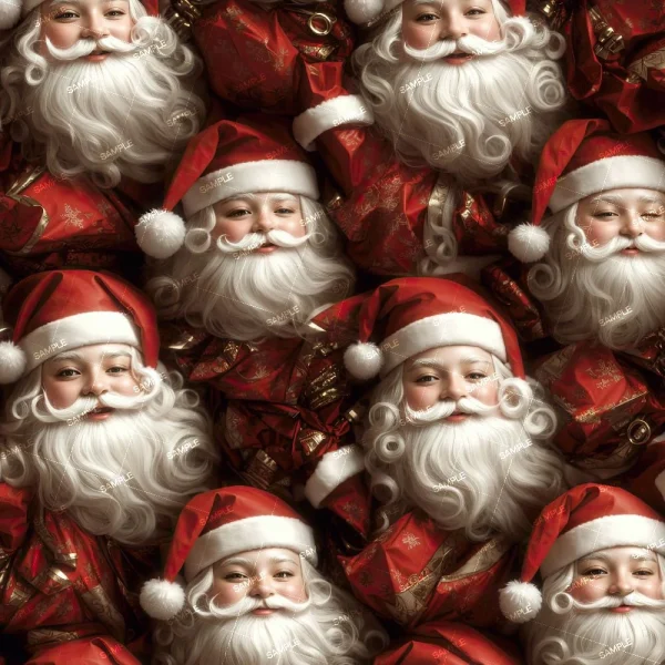 An image showing a dense arrangement of numerous Santa Claus figures with white beards and red hats. The faces are similar, all smiling, creating a festive holiday-themed collage.