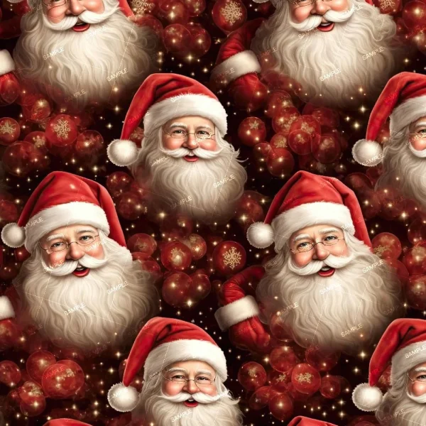 A seamless pattern featuring multiple illustrations of Santa Claus wearing red hats with white trim, set against a background of red ornaments. The design repeats uniformly, with each Santa Claus head surrounded by festive Christmas baubles.