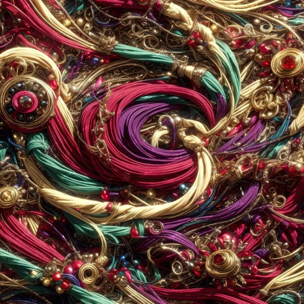 A close-up view of a colorful tangle of braided cords and intricate gold jewelry. The image features a variety of vibrant hues including red, purple, green, and cream intertwined with golden elements and beads, creating a rich, textured pattern.