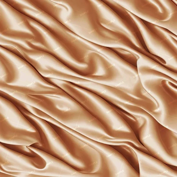 A close-up view of a piece of shiny, metallic, rose-gold silk fabric with gentle folds and creases. The surface appears smooth and reflective. The word "SAMPLE" is repeated multiple times across the fabric.