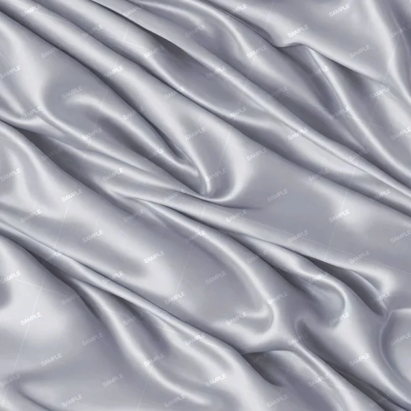 A close-up image of smooth, light gray satin fabric with flowing, soft folds. The fabric has a shiny appearance, reflecting light, and there are visible creases and wrinkles. The word "SAMPLE" is repeatedly printed in a grid pattern across the fabric.