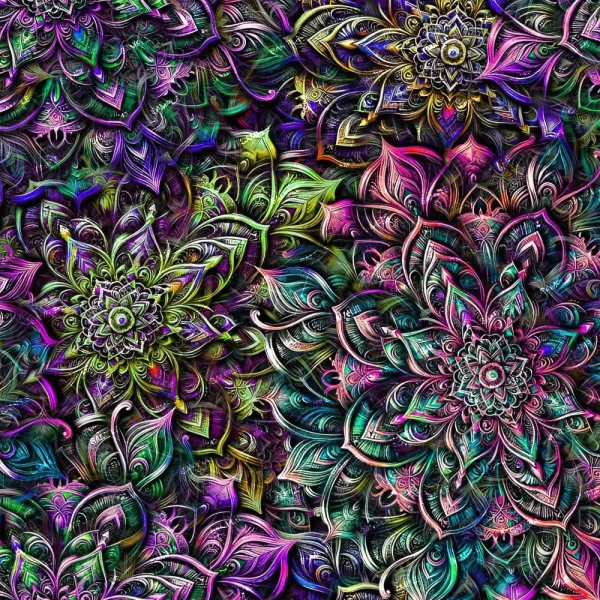 A vibrant, intricately detailed abstract pattern featuring layered, mandala-like floral designs in various colors, including greens, purples, blues, and pinks. The symmetrical patterns create a rich, textured appearance throughout the image.