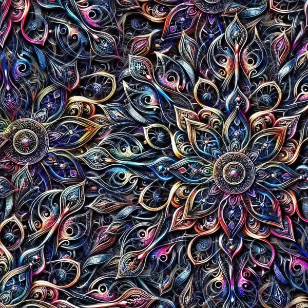 A complex, vibrant mandala pattern with intricate details. The design features interwoven floral and geometric elements with a spectrum of rich colors including blues, purples, reds, and greens, creating a visually striking kaleidoscopic effect.