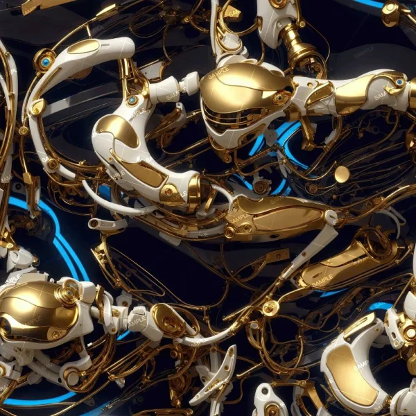A detailed image of numerous intertwined robotic parts. The components have a white and gold color scheme, with blue accents in the background. The scene appears intricate and complex, highlighting various mechanical elements and joints.