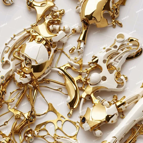 A collection of intricately assembled, interconnected mechanical parts featuring gold and white metallic components. The arrangement of gears, hinges, and various segments creates a complex, abstract design.