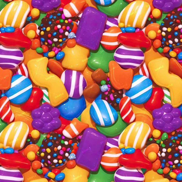A vibrant collection of colorful, assorted candies arranged closely together. The assortment includes striped candies, gummy drops, hard candy pieces, and chocolate sprinkled treats in various shapes and colors.