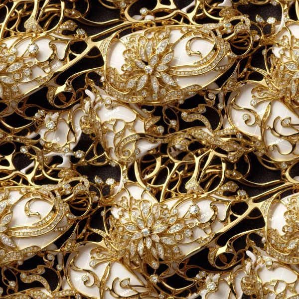 An intricate pattern featuring ornate gold floral designs interwoven with white elements and adorned with sparkling gemstones on a dark background. The luxurious and elaborate motif creates a rich tapestry-like appearance.