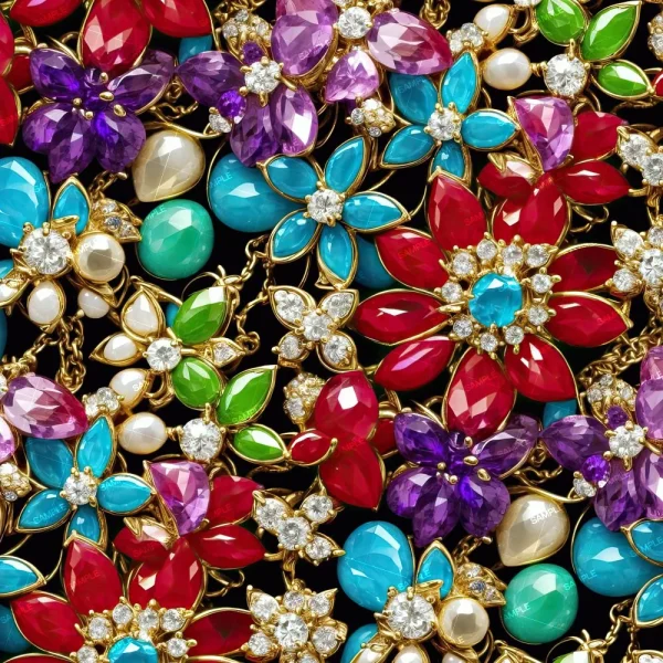 Close-up image of an assortment of colorful floral-themed jewelry. The pieces feature a mix of gemstones in various colors, including red, purple, blue, green, and white. The designs include flowers and butterflies, with gold accents and pearl details.