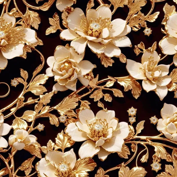 A richly detailed pattern featuring golden flowers with white petals on a dark background. The intricate design depicts blooming flowers and leaves, arranged in a decorative, luxurious style.