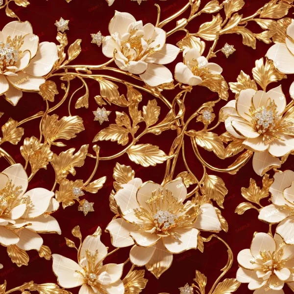 A detailed ornamental design featuring cream-colored floral motifs with gold leaves and stems on a deep red background. The flowers and leaves are intricately crafted with highlights that give a textured, luxurious appearance.