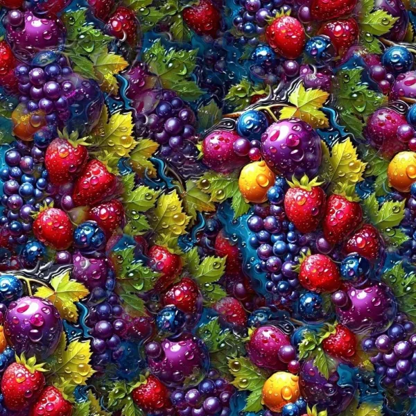 A visually vibrant image featuring a variety of fruits including strawberries, blueberries, grapes, and cherries, all covered with water droplets. The fruits are interspersed with green leaves, creating a lush and colorful pattern.