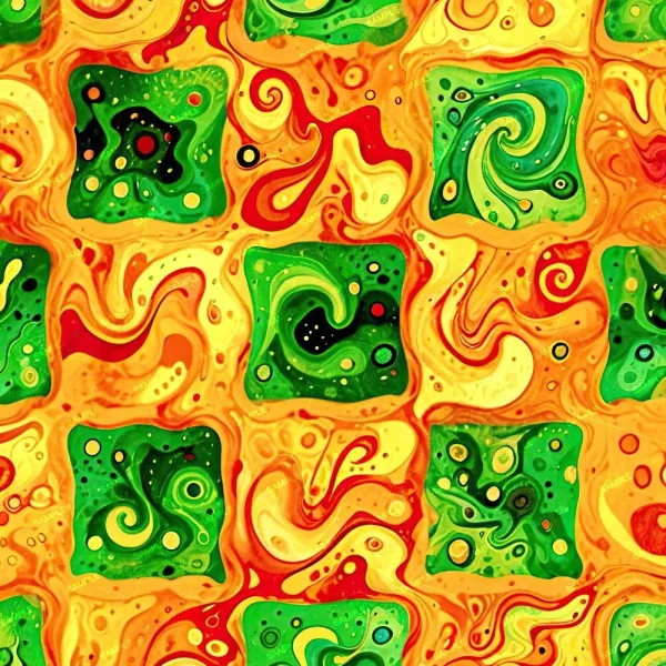 A vibrant, abstract image featuring swirling patterns in various shades of green and red against a yellow background. The design consists of square and circular shapes with intricate details and fluid, marble-like textures.