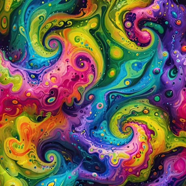 A vibrant abstract painting with swirling patterns of bright colors, including yellow, green, blue, pink, and purple. The composition is filled with intricate details and fluid shapes, creating a dynamic, psychedelic effect.