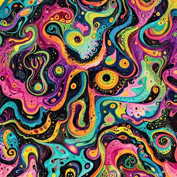 A vibrant and colorful abstract painting featuring swirls and patterns in various shapes. The design includes a mix of blues, pinks, yellows, greens, and blacks with intricate details and flowing lines, creating a visually intense composition.